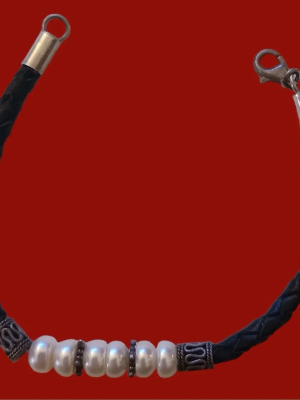 925 Sterling Silver Natural Pearl Braided Leather Bracelet 7.5